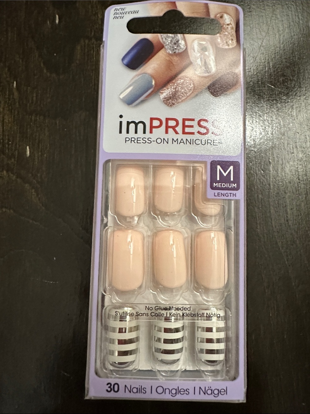 imPRESS Peachy Nude Press-On Nails with Black & White Stripes